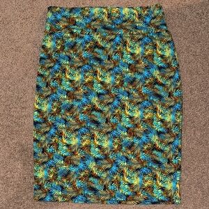 LuLaRoe Blue and Yellow Leaf Print Pencil Skirt